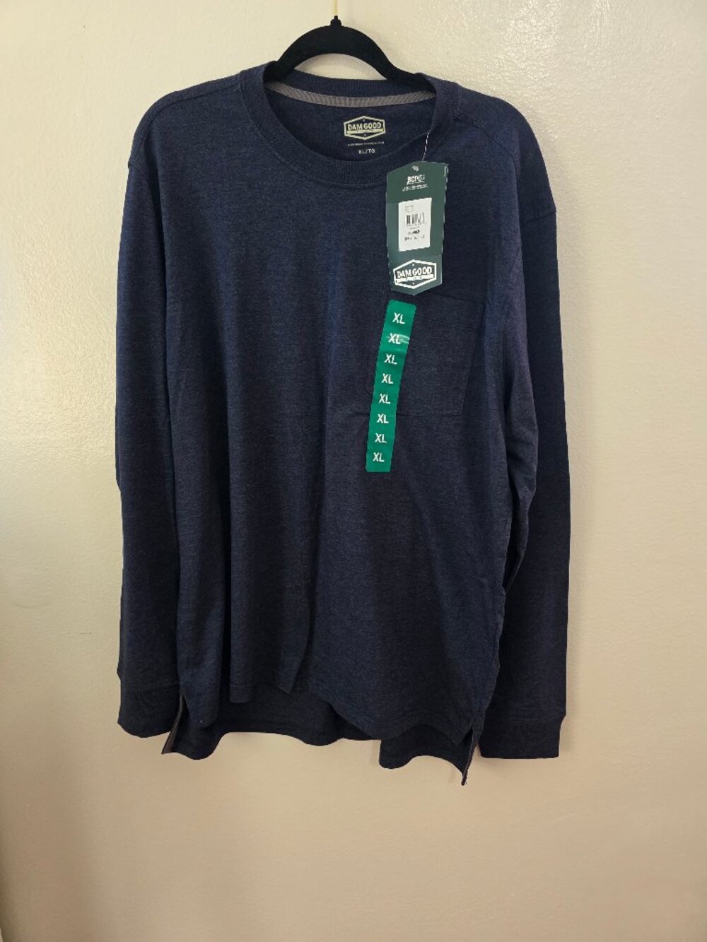NWT Dam Good Supply Co Men's Heathered Blue Long Sleeve Pocket Tee XL